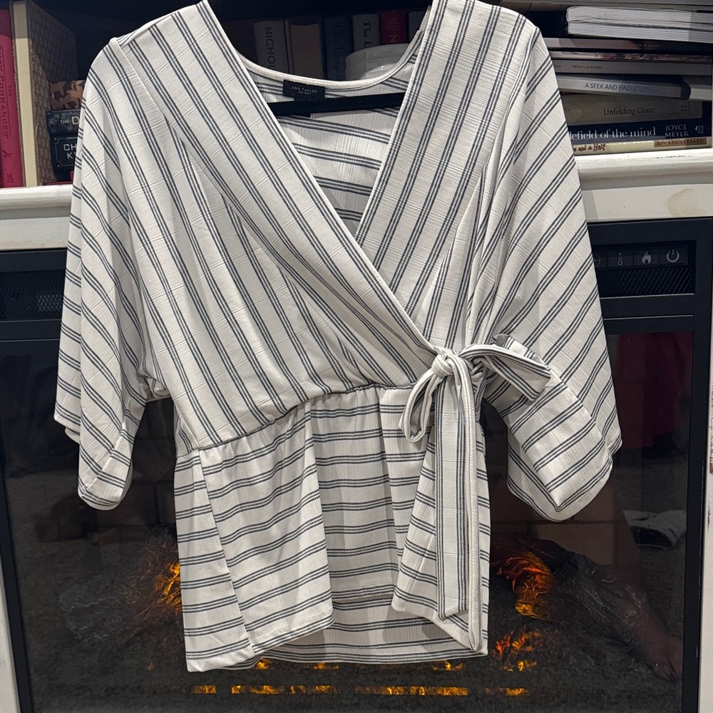 Ann Taylor Black and White Striped Wrap Blouse